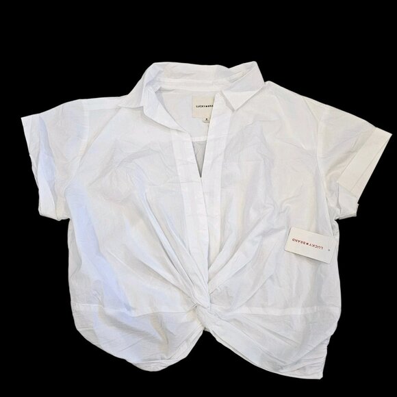 2 Lucky Brand Classic Knotted Cropped Collared Shirts White Blue Sz M NWT Preppy - Picture 6 of 9